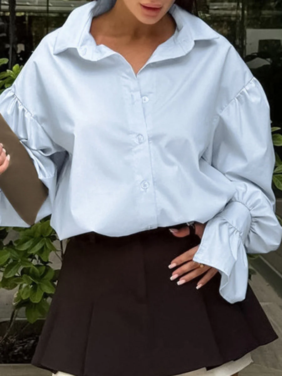 Flared Sleeves Long Sleeves Buttoned Pleated Solid Color Split-Joint Lapel Blouses&Shirts Tops - Image 4