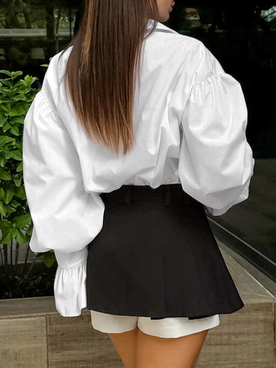 Flared Sleeves Long Sleeves Buttoned Pleated Solid Color Split-Joint Lapel Blouses&Shirts Tops - Image 5