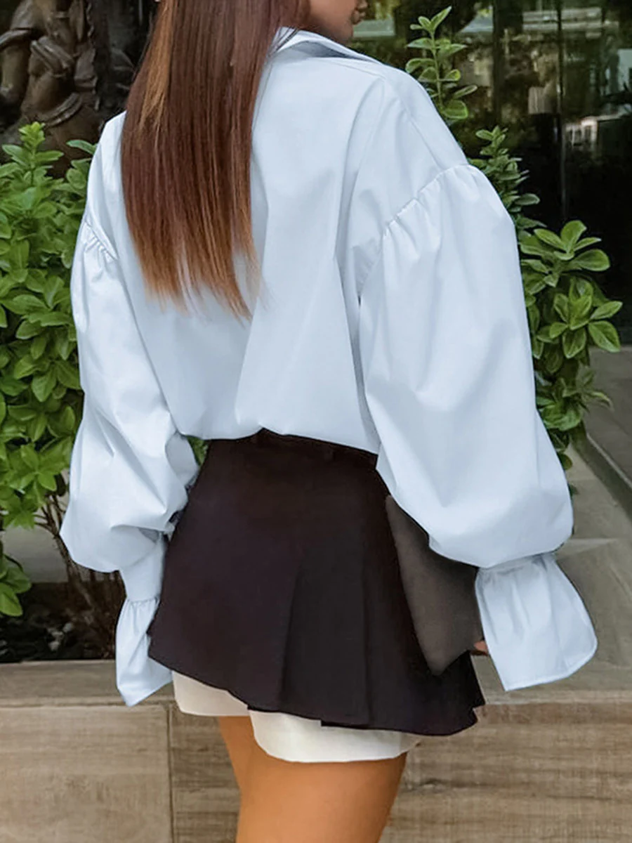 Flared Sleeves Long Sleeves Buttoned Pleated Solid Color Split-Joint Lapel Blouses&Shirts Tops - Image 9