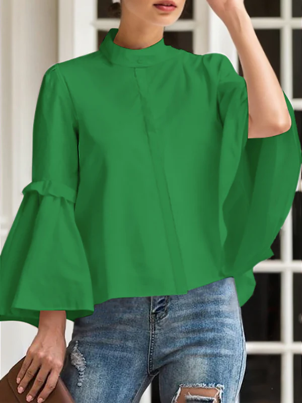 Flared Sleeves Long Sleeves Buttoned Pleated Solid Color Split-Joint Stand Collar Blouses&Shirts Tops - Image 3