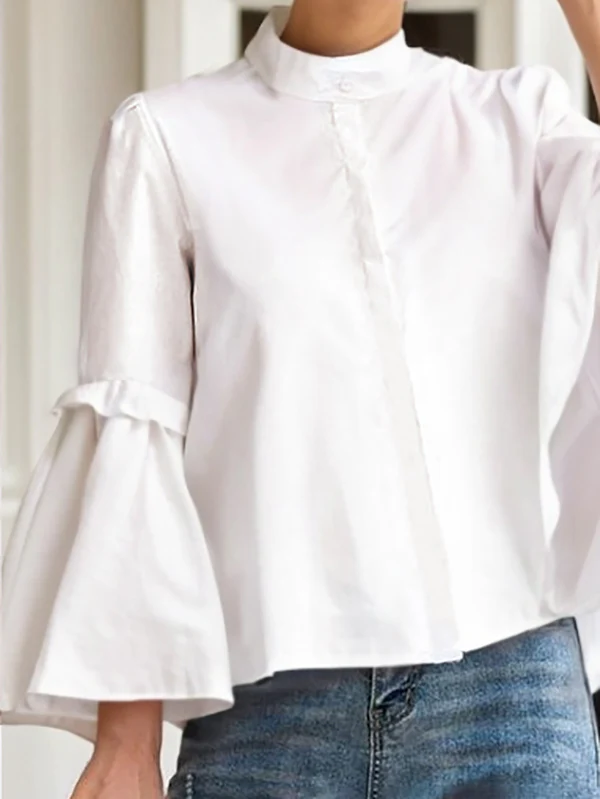 Flared Sleeves Long Sleeves Buttoned Pleated Solid Color Split-Joint Stand Collar Blouses&Shirts Tops - Image 4