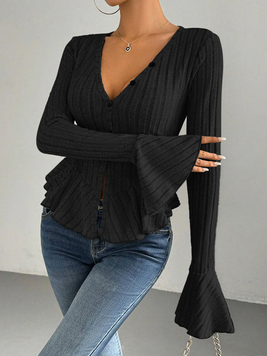 Flared Sleeves Long Sleeves Buttoned Ruffled Solid Color Split-Joint Deep V-Neck T-Shirts Tops - Image 13