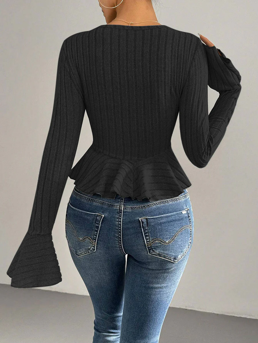 Flared Sleeves Long Sleeves Buttoned Ruffled Solid Color Split-Joint Deep V-Neck T-Shirts Tops - Image 15