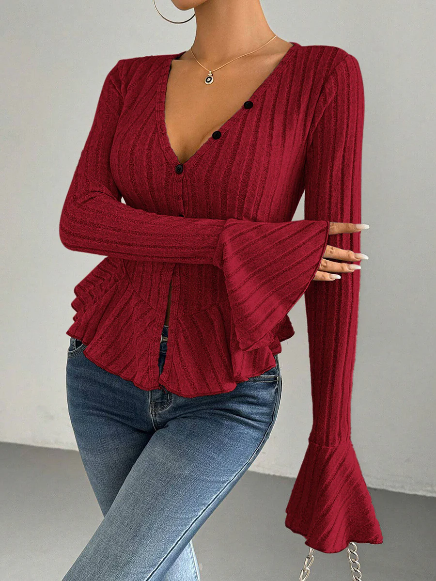 Flared Sleeves Long Sleeves Buttoned Ruffled Solid Color Split-Joint Deep V-Neck T-Shirts Tops - Image 16
