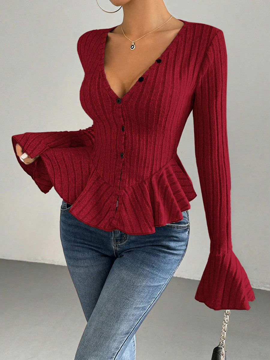 Flared Sleeves Long Sleeves Buttoned Ruffled Solid Color Split-Joint Deep V-Neck T-Shirts Tops - Image 17