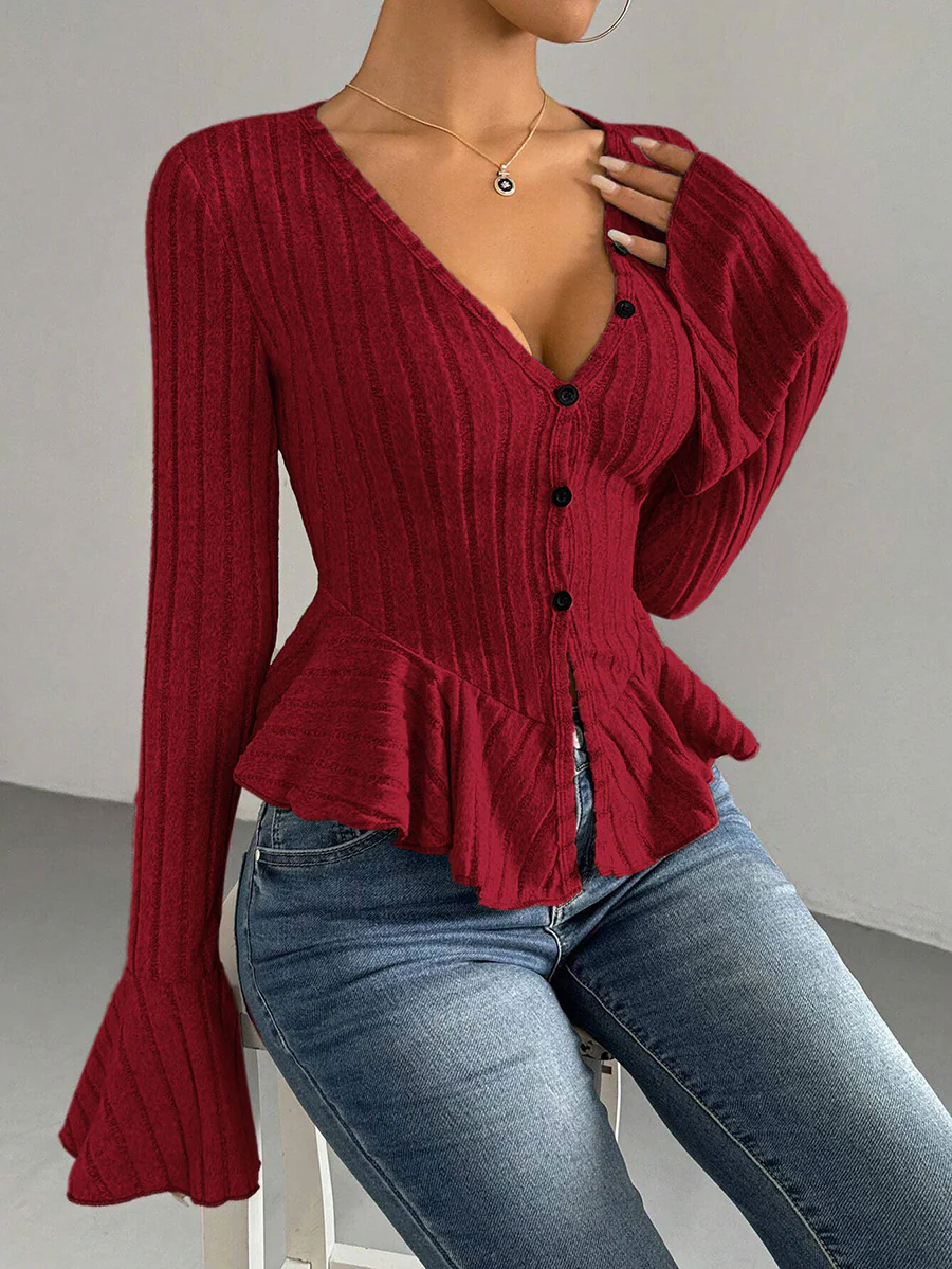 Flared Sleeves Long Sleeves Buttoned Ruffled Solid Color Split-Joint Deep V-Neck T-Shirts Tops - Image 18