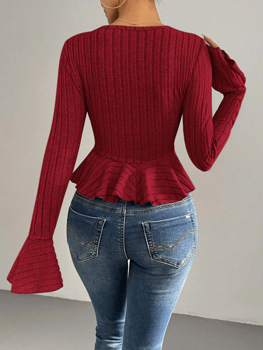 Flared Sleeves Long Sleeves Buttoned Ruffled Solid Color Split-Joint Deep V-Neck T-Shirts Tops - Image 19