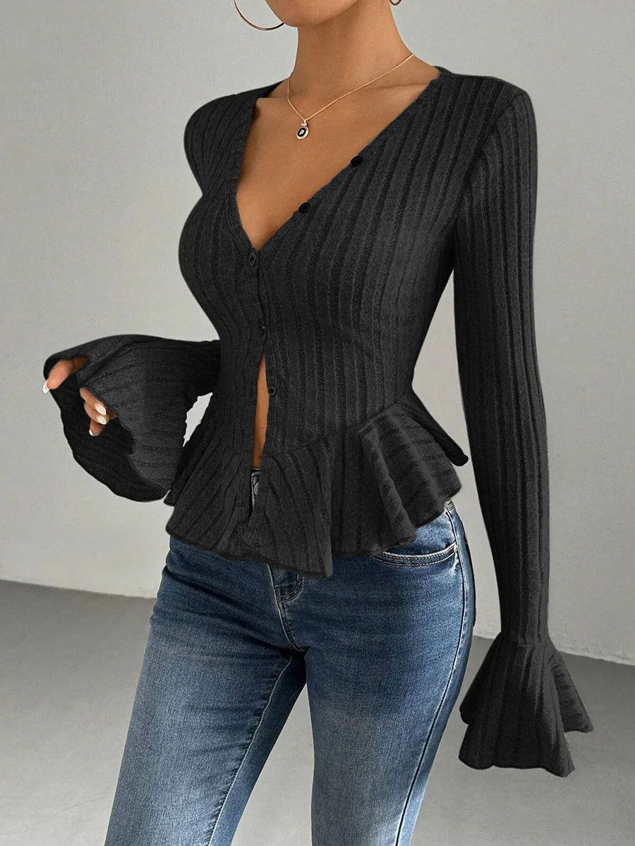 Flared Sleeves Long Sleeves Buttoned Ruffled Solid Color Split-Joint Deep V-Neck T-Shirts Tops - Image 2