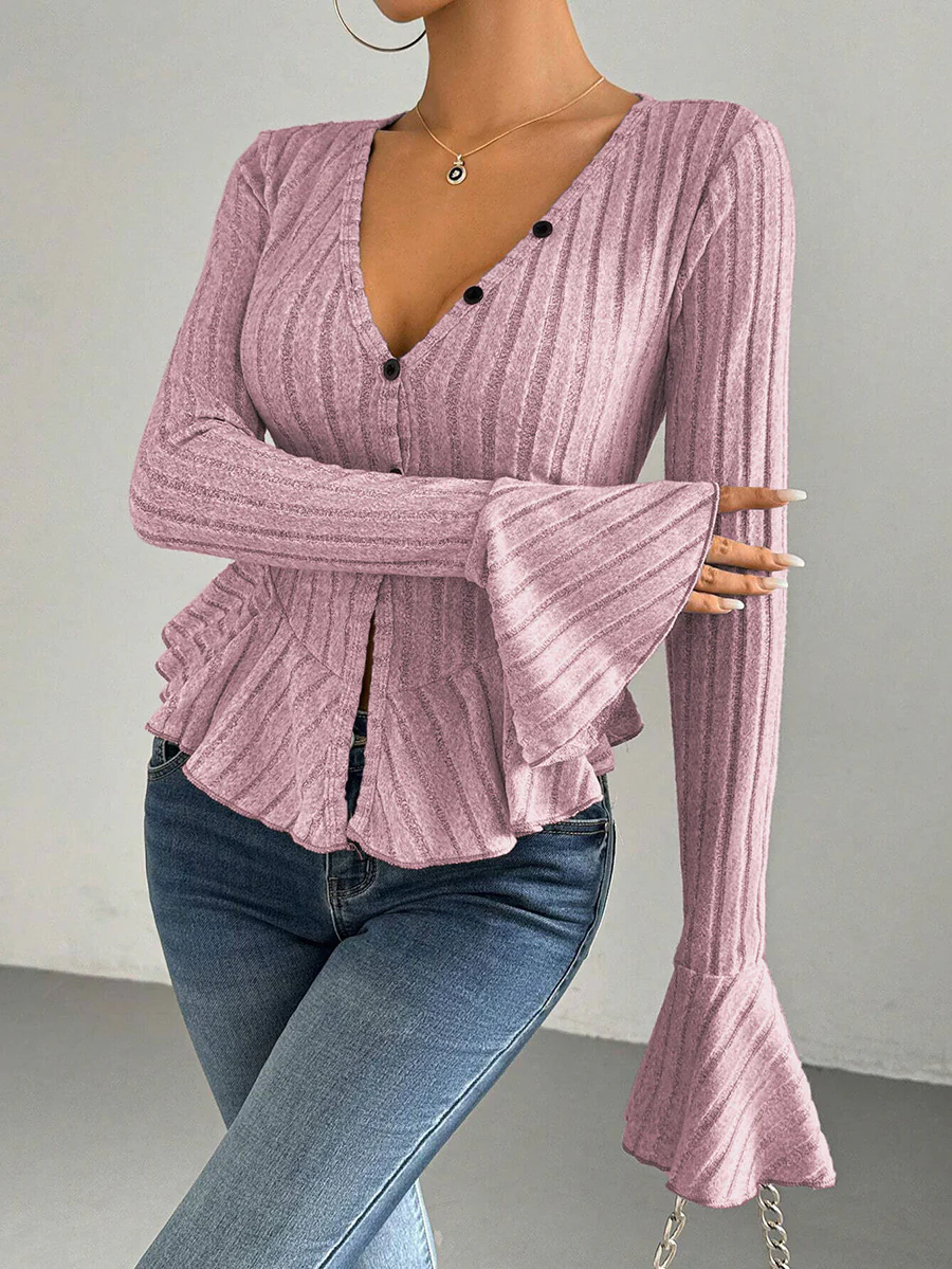 Flared Sleeves Long Sleeves Buttoned Ruffled Solid Color Split-Joint Deep V-Neck T-Shirts Tops - Image 20