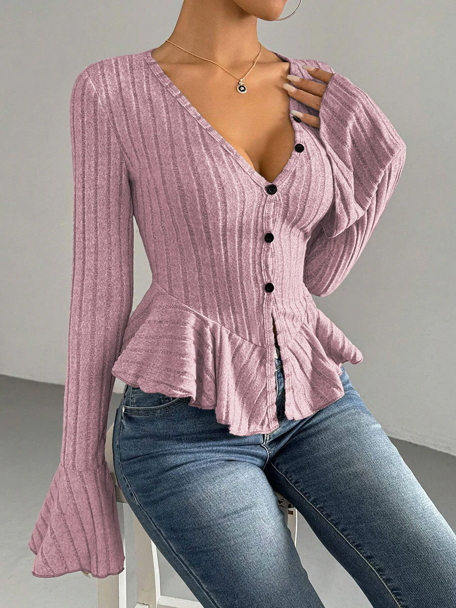Flared Sleeves Long Sleeves Buttoned Ruffled Solid Color Split-Joint Deep V-Neck T-Shirts Tops - Image 21