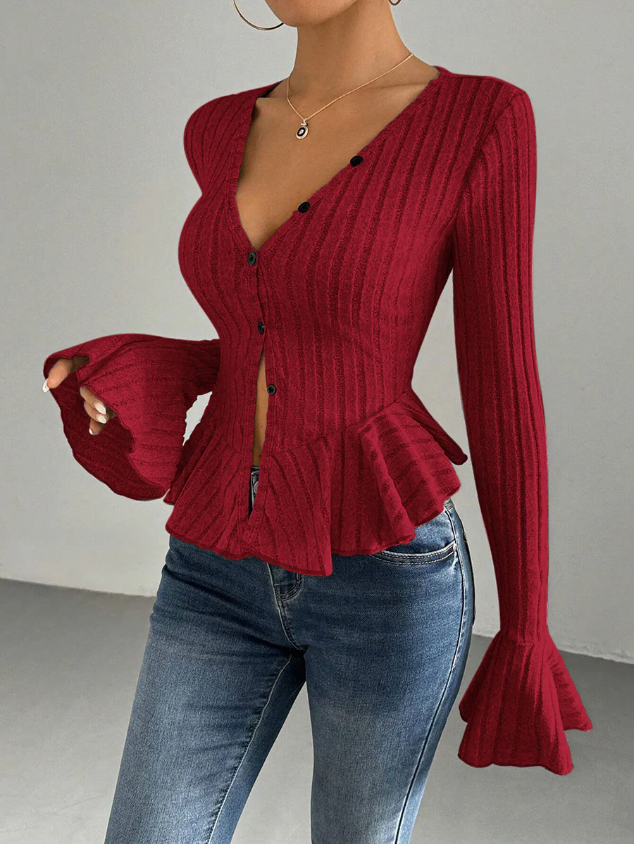 Flared Sleeves Long Sleeves Buttoned Ruffled Solid Color Split-Joint Deep V-Neck T-Shirts Tops - Image 3