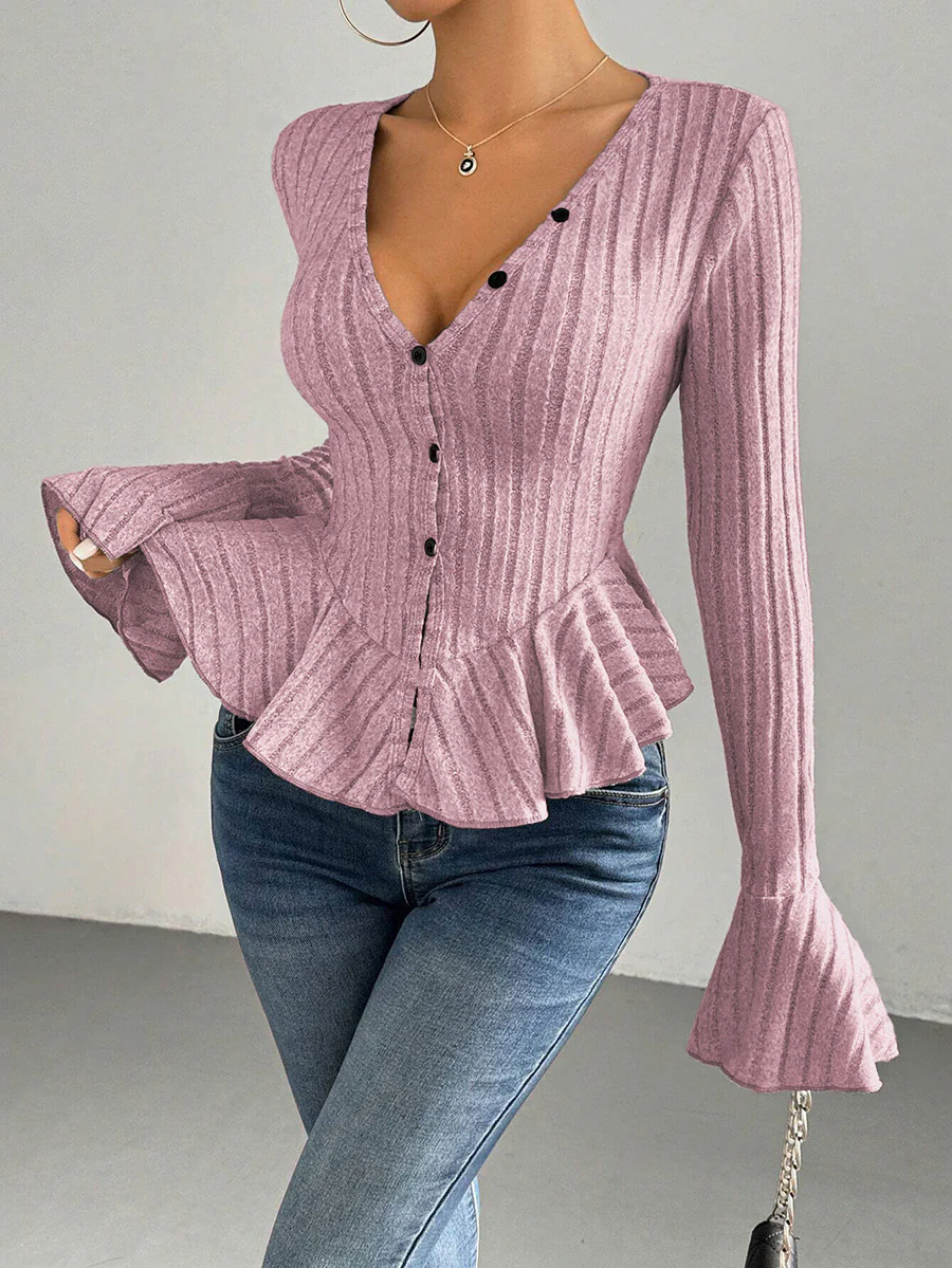 Flared Sleeves Long Sleeves Buttoned Ruffled Solid Color Split-Joint Deep V-Neck T-Shirts Tops - Image 4