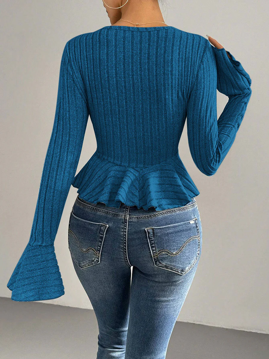 Flared Sleeves Long Sleeves Buttoned Ruffled Solid Color Split-Joint Deep V-Neck T-Shirts Tops - Image 7