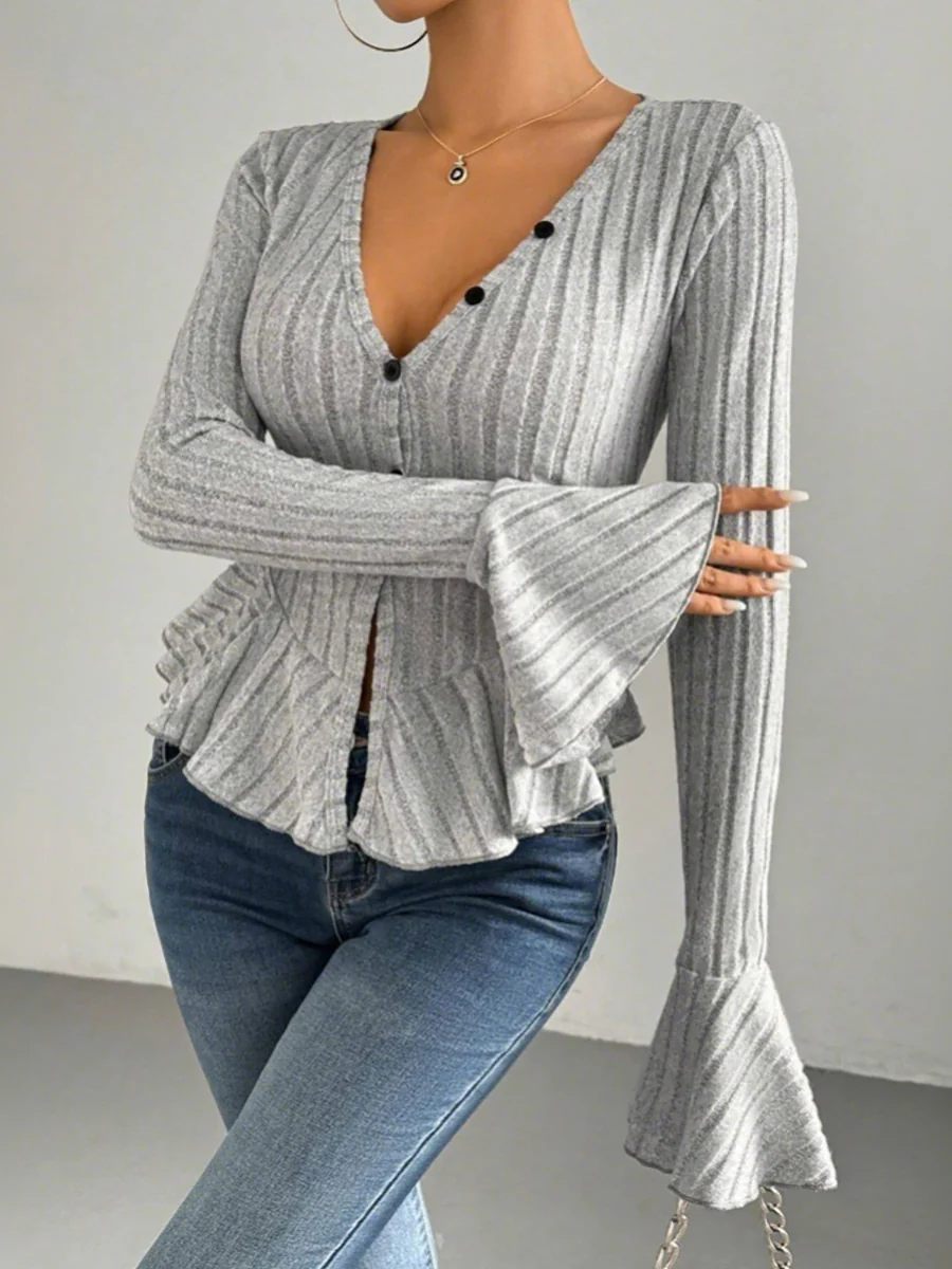 Flared Sleeves Long Sleeves Buttoned Ruffled Solid Color Split-Joint Deep V-Neck T-Shirts Tops - Image 9