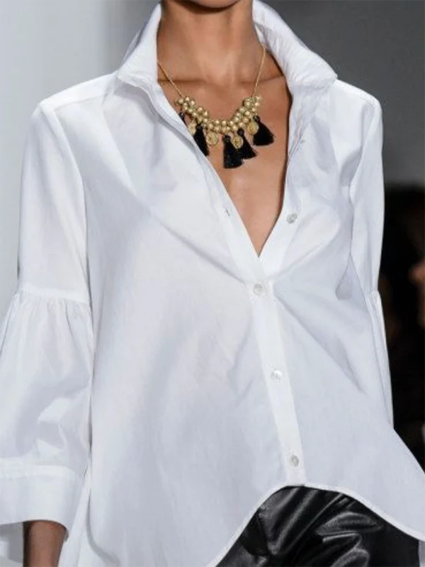 Flared Sleeves Long Sleeves Buttoned Solid Color Lapel Blouses&Shirts Tops - Image 2