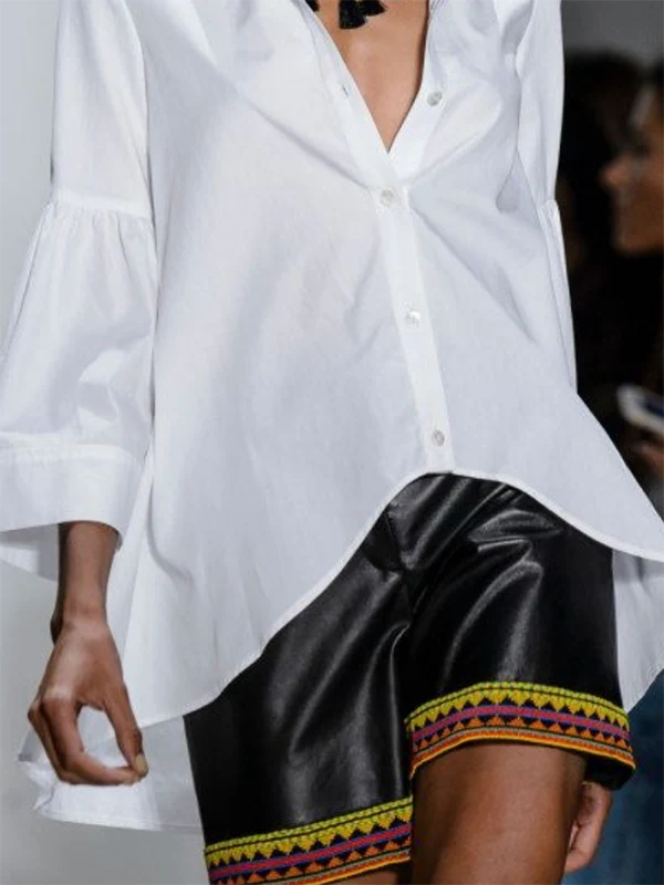 Flared Sleeves Long Sleeves Buttoned Solid Color Lapel Blouses&Shirts Tops - Image 3