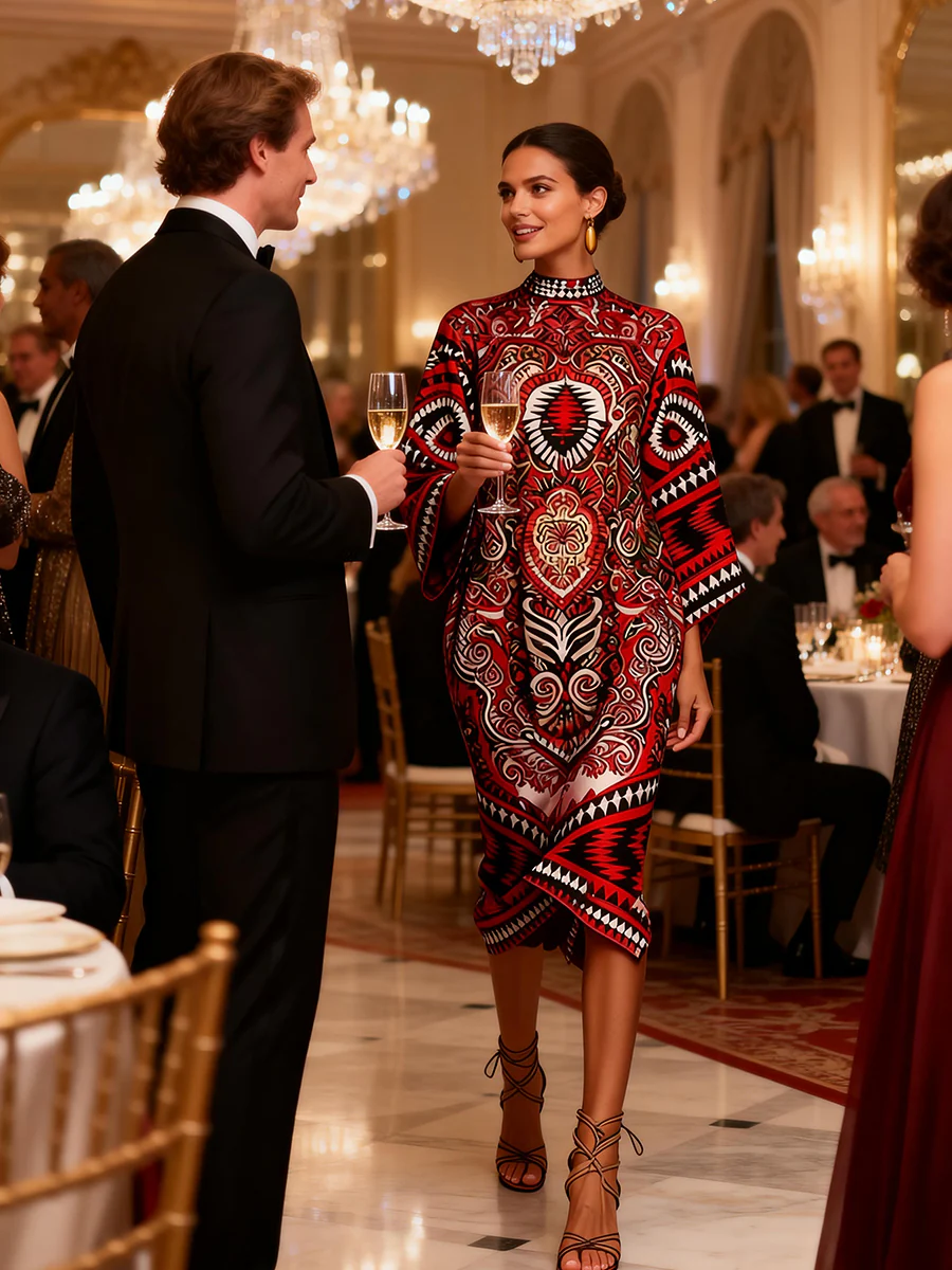 Flared Sleeves Long Sleeves Contrast Color Flower Print Geometric Split-Joint Round-Neck Midi Dresses - Image 2