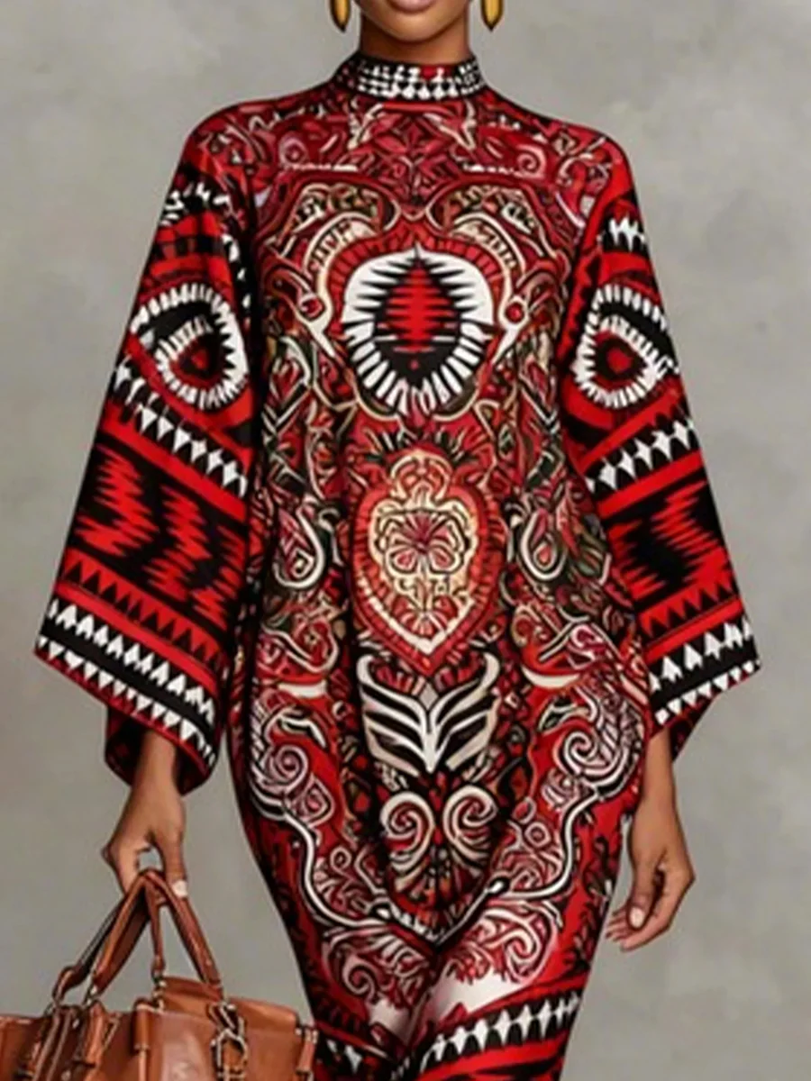 Flared Sleeves Long Sleeves Contrast Color Flower Print Geometric Split-Joint Round-Neck Midi Dresses - Image 5