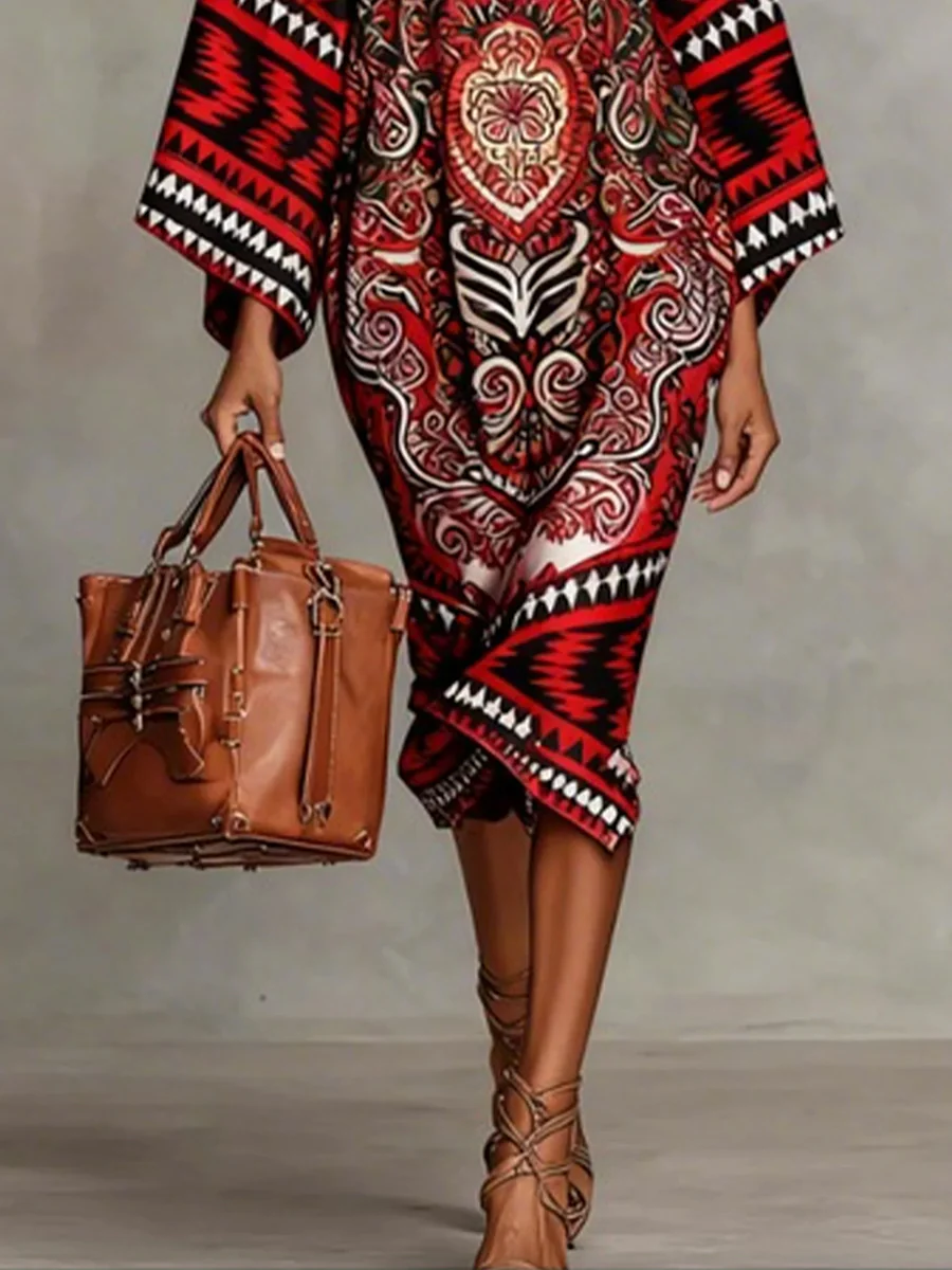 Flared Sleeves Long Sleeves Contrast Color Flower Print Geometric Split-Joint Round-Neck Midi Dresses - Image 6