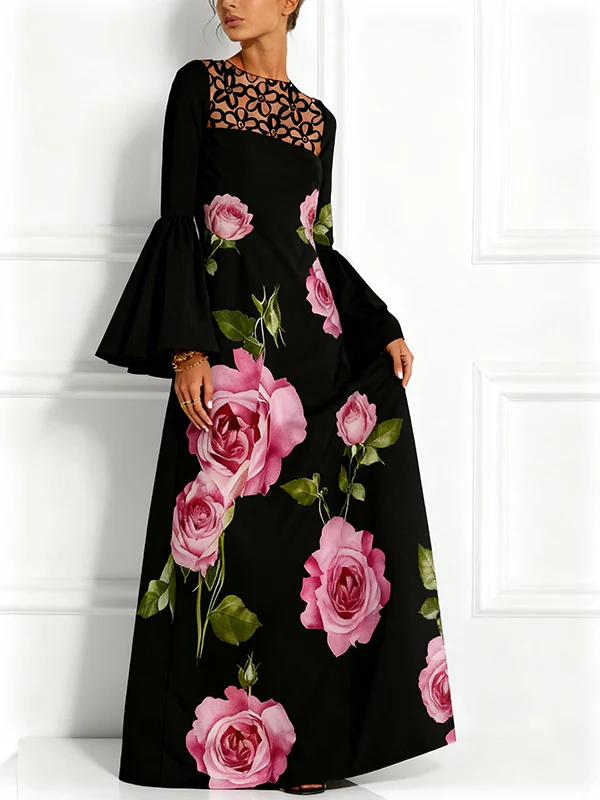 Flared Sleeves Long Sleeves Contrast Color Flower Print Hollow Print Split-Joint Round-Neck Maxi Dresses - Image 2