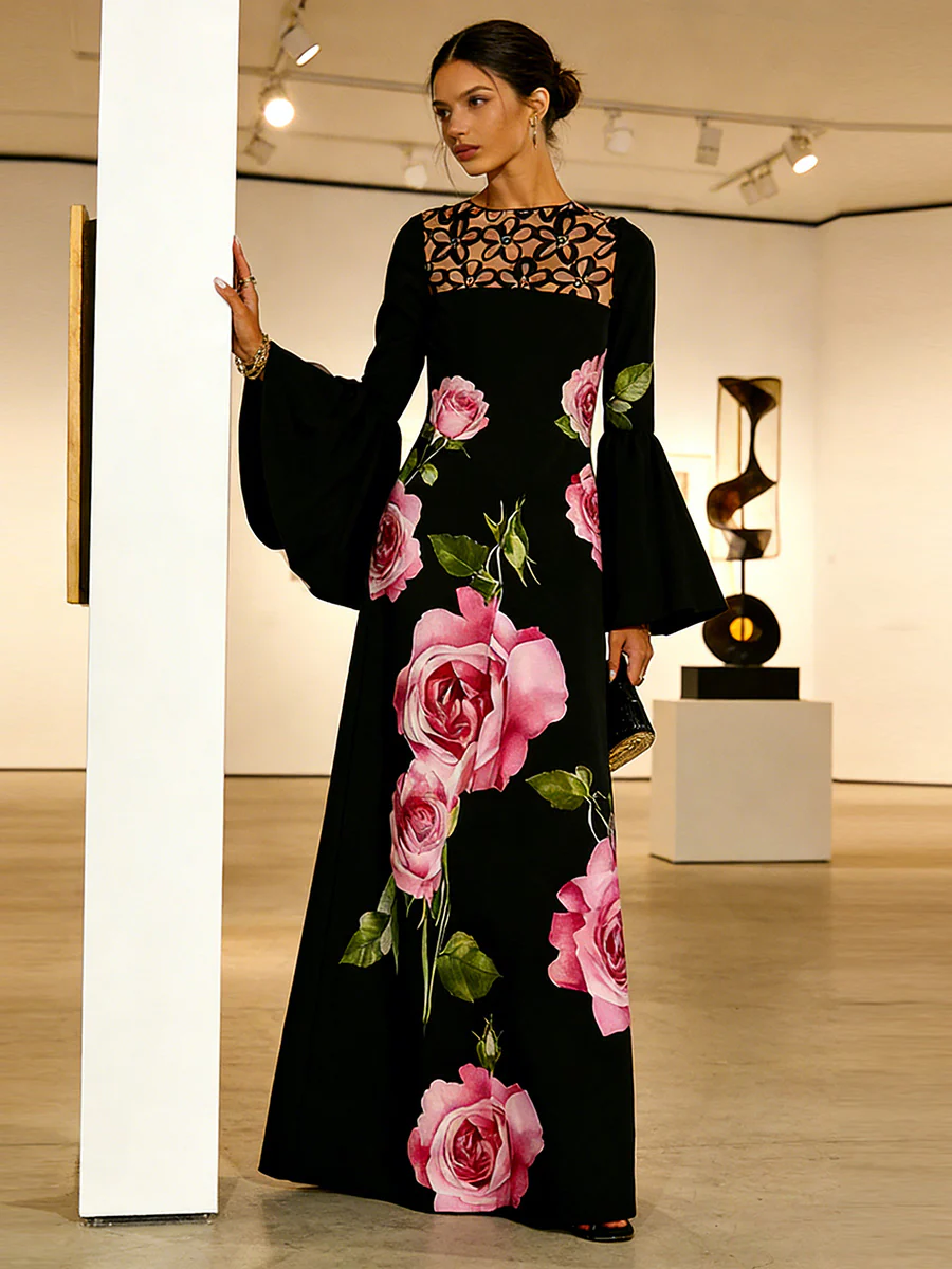 Flared Sleeves Long Sleeves Contrast Color Flower Print Hollow Print Split-Joint Round-Neck Maxi Dresses - Image 4