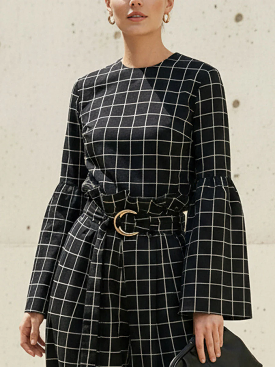 Flared Sleeves Long Sleeves Contrast Color Plaid Split-Joint Round-Neck Blouses&Shirts Tops - Image 2