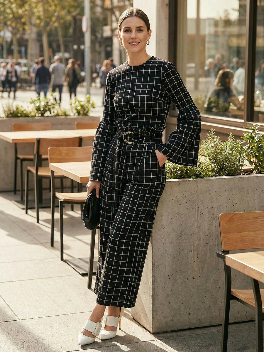 Flared Sleeves Long Sleeves Contrast Color Plaid Split-Joint Round-Neck Blouses&Shirts Tops - Image 3