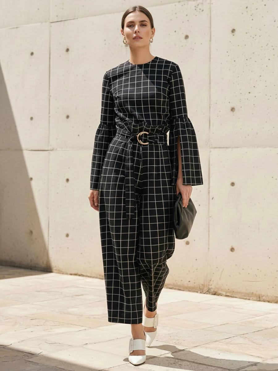 Flared Sleeves Long Sleeves Contrast Color Plaid Split-Joint Round-Neck Blouses&Shirts Tops - Image 7