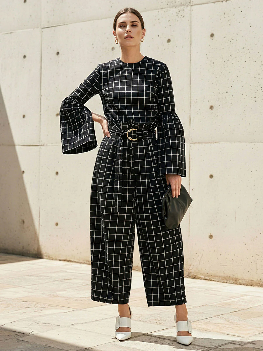 Flared Sleeves Long Sleeves Contrast Color Plaid Split-Joint Round-Neck Blouses&Shirts Tops - Image 8