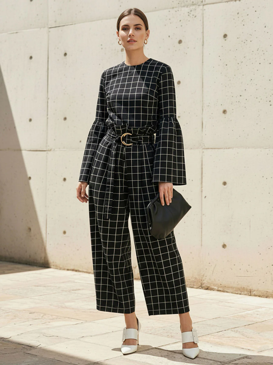 Flared Sleeves Long Sleeves Contrast Color Plaid Split-Joint Round-Neck Blouses&Shirts Tops - Image 9