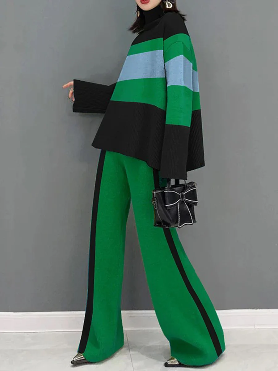 Flared Sleeves Long Sleeves Contrast Color Ribbed Knit Split-Joint Striped High Neck Two Pieces Set