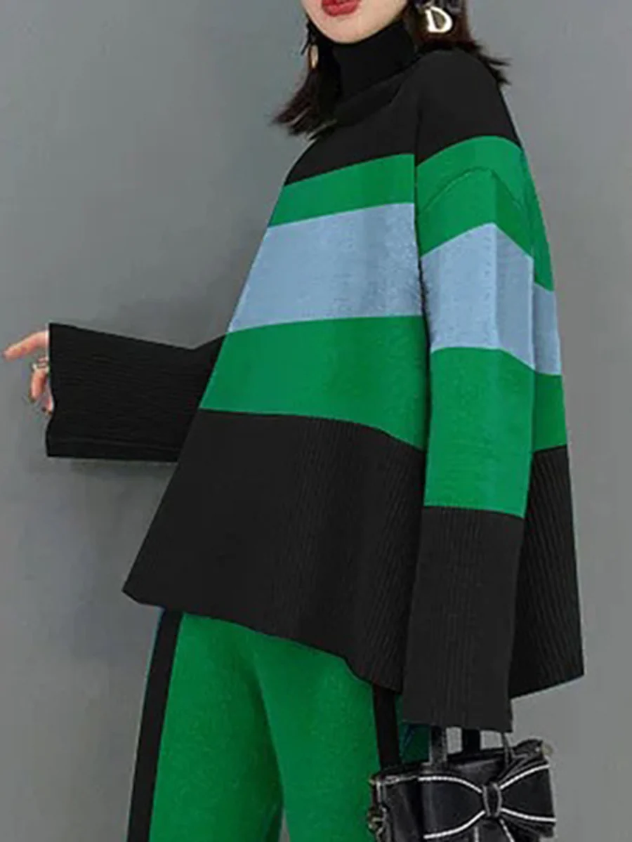 Flared Sleeves Long Sleeves Contrast Color Ribbed Knit Split-Joint Striped High Neck Two Pieces Set - Image 2