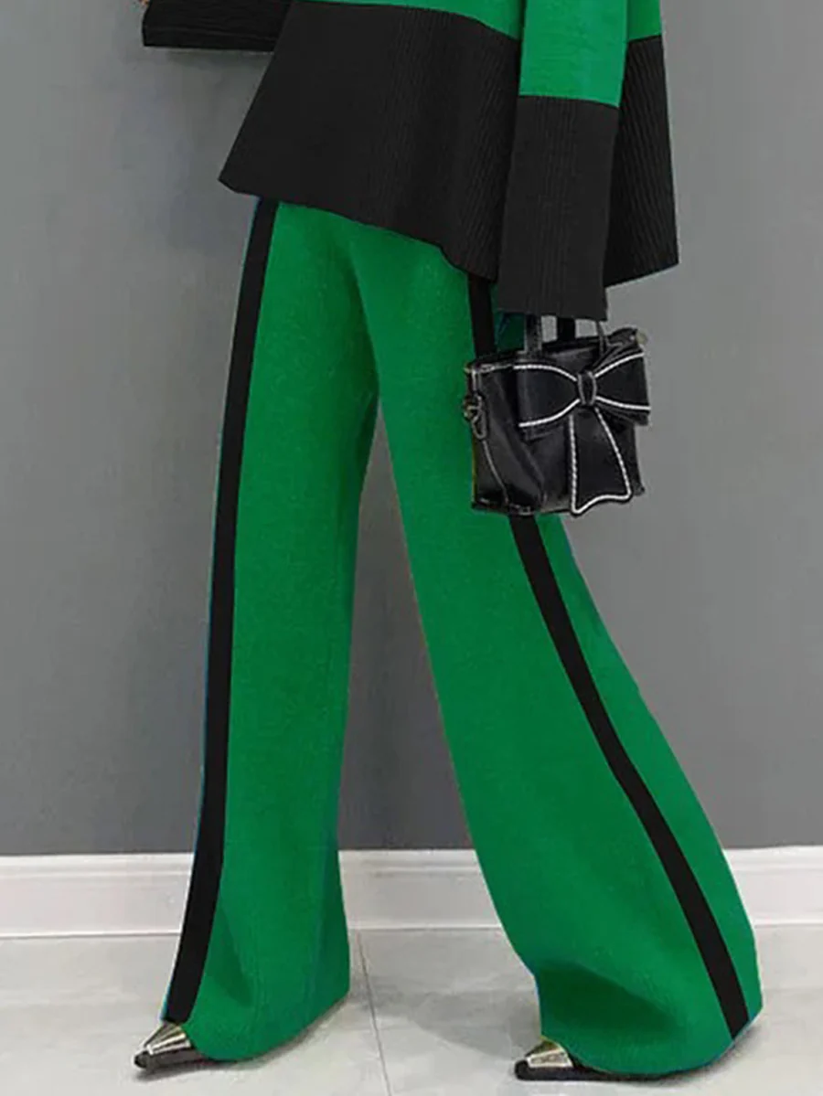 Flared Sleeves Long Sleeves Contrast Color Ribbed Knit Split-Joint Striped High Neck Two Pieces Set - Image 3