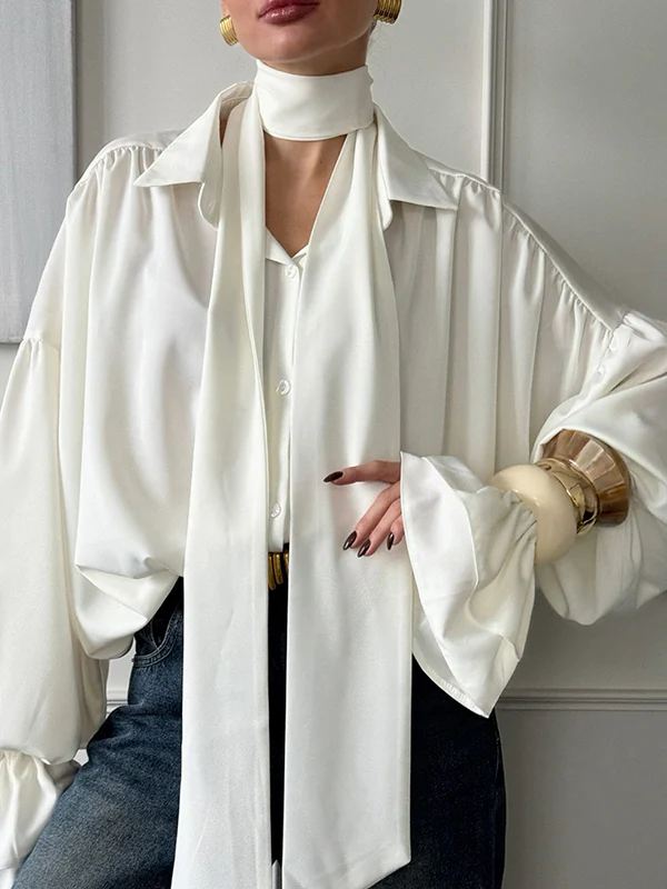 Flared Sleeves Long Sleeves Double Layered Elasticity Solid Color Tied V-Neck Blouses&Shirts Tops - Image 3