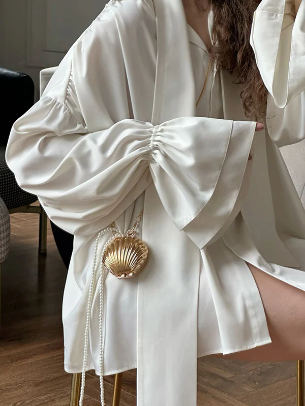 Flared Sleeves Long Sleeves Double Layered Elasticity Solid Color Tied V-Neck Blouses&Shirts Tops - Image 6