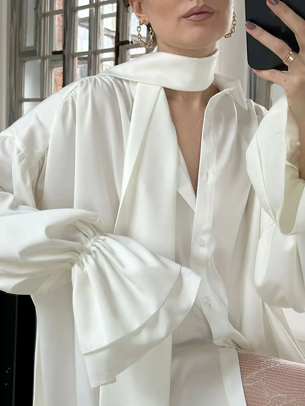 Flared Sleeves Long Sleeves Double Layered Elasticity Solid Color Tied V-Neck Blouses&Shirts Tops - Image 8