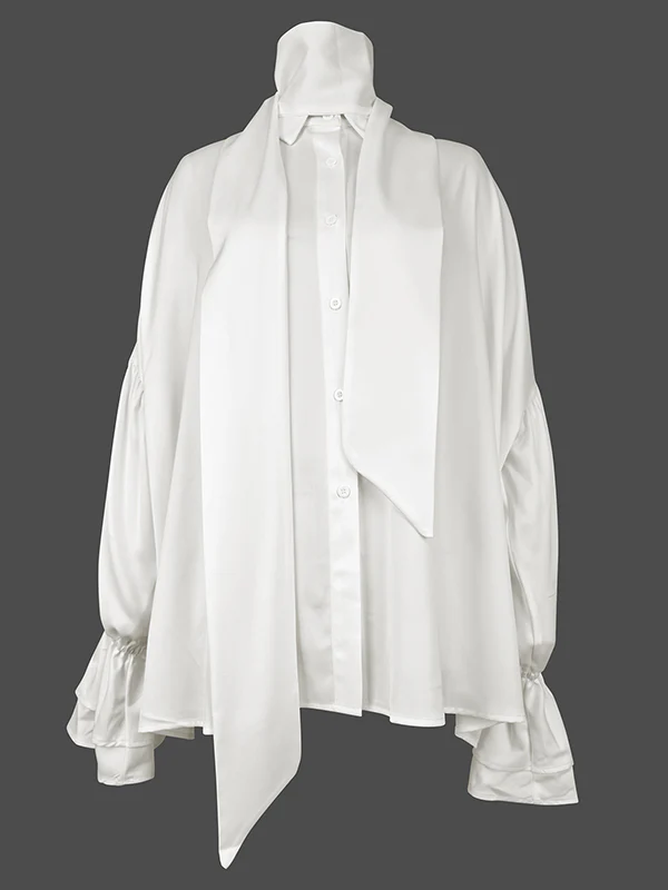 Flared Sleeves Long Sleeves Double Layered Elasticity Solid Color Tied V-Neck Blouses&Shirts Tops - Image 9