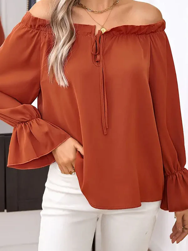 Flared Sleeves Long Sleeves Drawstring Elasticity Pleated Solid Color Off-the-shoulder Blouses&shirts Tops - Image 3