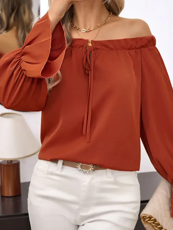 Flared Sleeves Long Sleeves Drawstring Elasticity Pleated Solid Color Off-the-shoulder Blouses&shirts Tops - Image 5