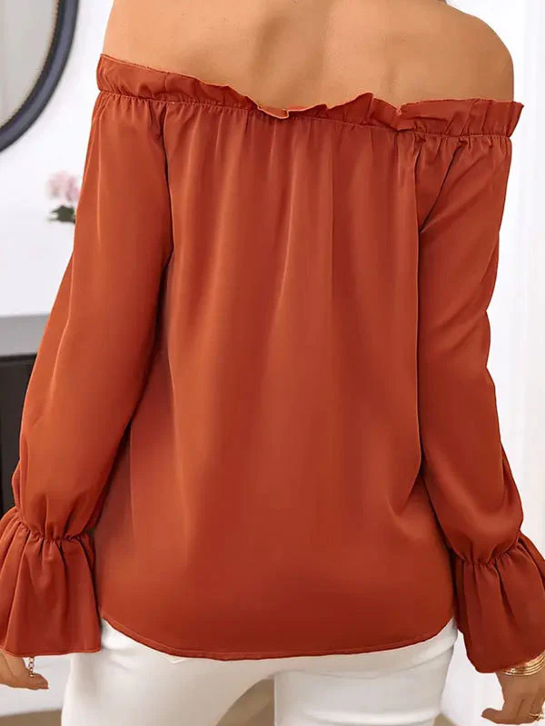 Flared Sleeves Long Sleeves Drawstring Elasticity Pleated Solid Color Off-the-shoulder Blouses&shirts Tops - Image 6