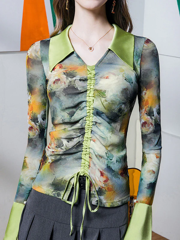 Flared Sleeves Long Sleeves Drawstring Flower Print Pleated Lapel Blouses&Shirts Tops - Image 2