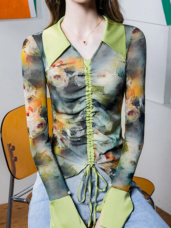 Flared Sleeves Long Sleeves Drawstring Flower Print Pleated Lapel Blouses&Shirts Tops - Image 3