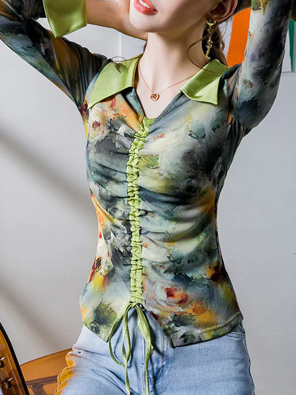 Flared Sleeves Long Sleeves Drawstring Flower Print Pleated Lapel Blouses&Shirts Tops - Image 5