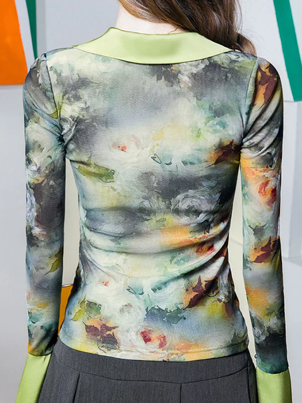 Flared Sleeves Long Sleeves Drawstring Flower Print Pleated Lapel Blouses&Shirts Tops - Image 6