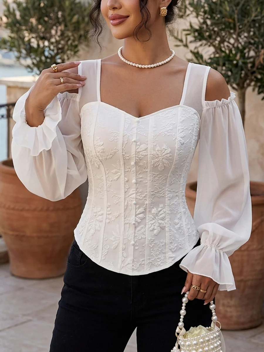 Flared Sleeves Long Sleeves Elasticity Hollow Jacquard Solid Color Split-Joint Cold Shoulder Blouses&Shirts Tops - Image 2