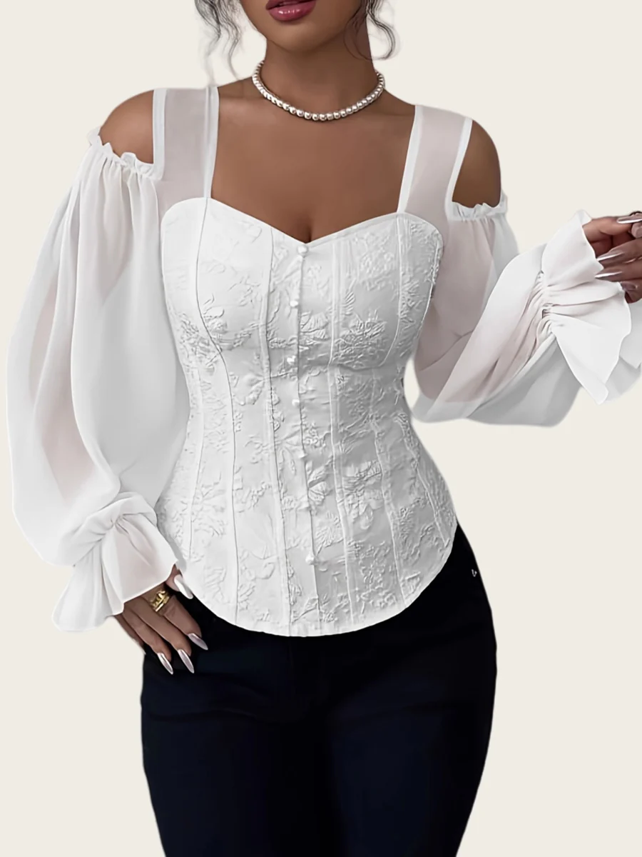 Flared Sleeves Long Sleeves Elasticity Hollow Jacquard Solid Color Split-Joint Cold Shoulder Blouses&Shirts Tops - Image 3