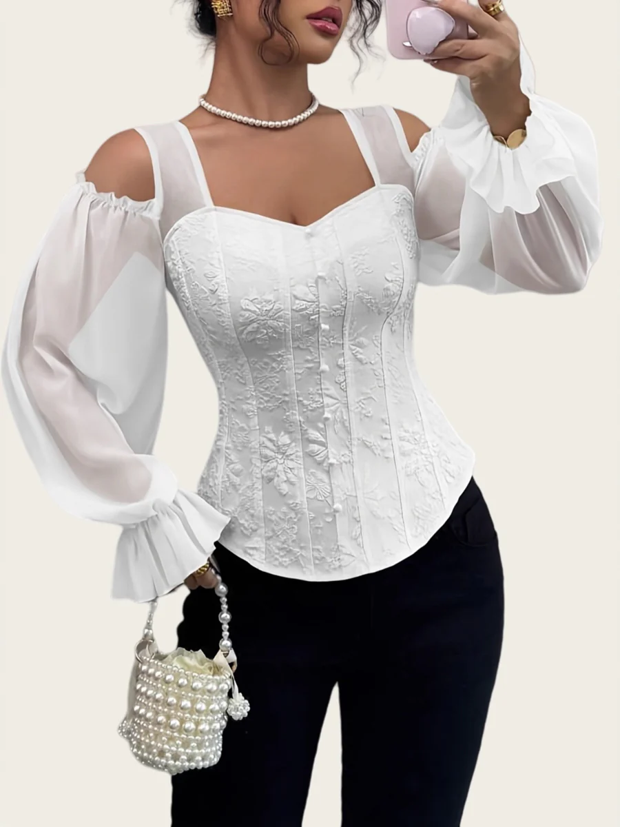 Flared Sleeves Long Sleeves Elasticity Hollow Jacquard Solid Color Split-Joint Cold Shoulder Blouses&Shirts Tops - Image 4