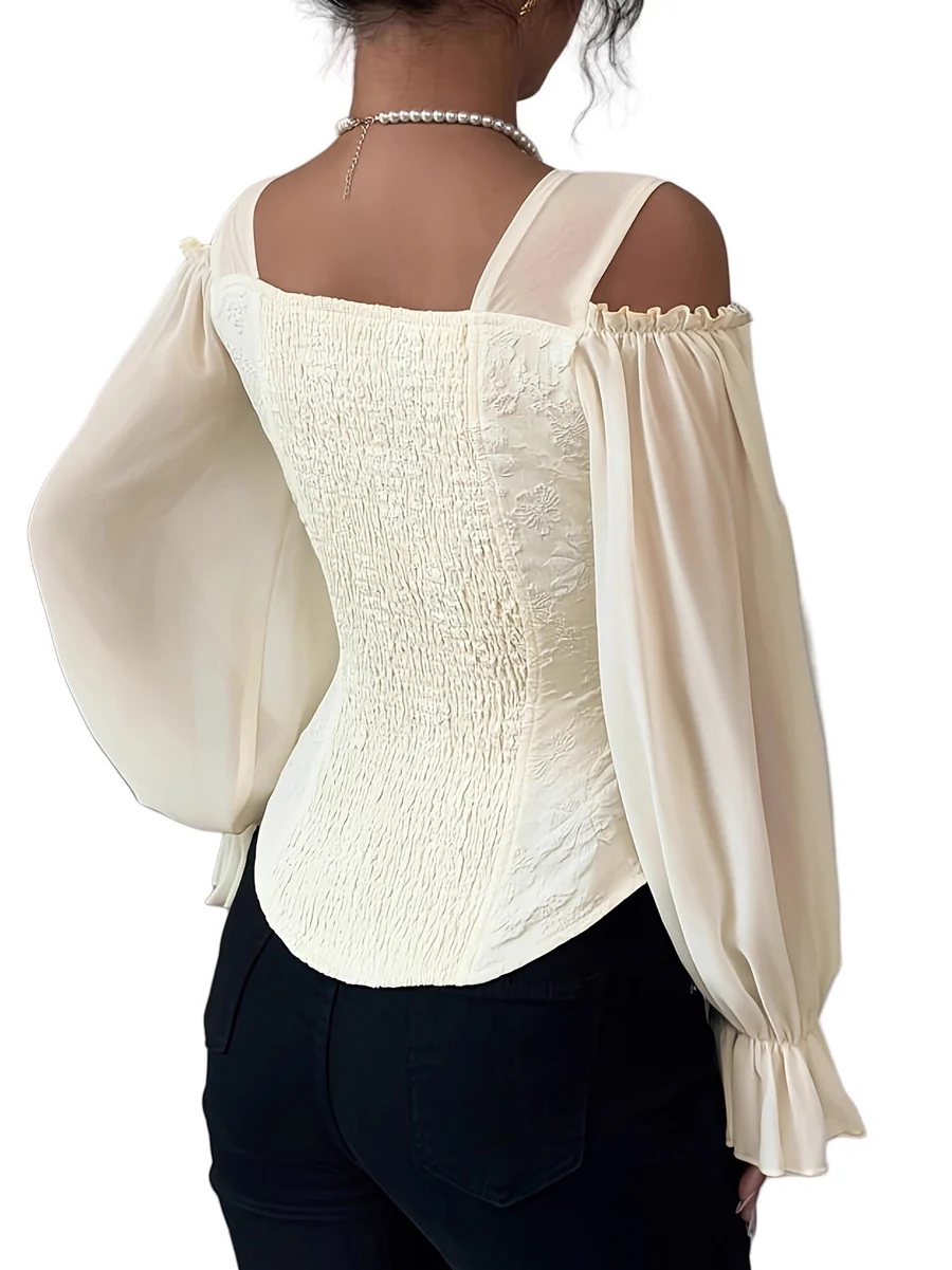 Flared Sleeves Long Sleeves Elasticity Hollow Jacquard Solid Color Split-Joint Cold Shoulder Blouses&Shirts Tops - Image 6