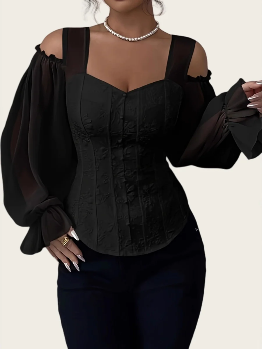 Flared Sleeves Long Sleeves Elasticity Hollow Jacquard Solid Color Split-Joint Cold Shoulder Blouses&Shirts Tops - Image 7