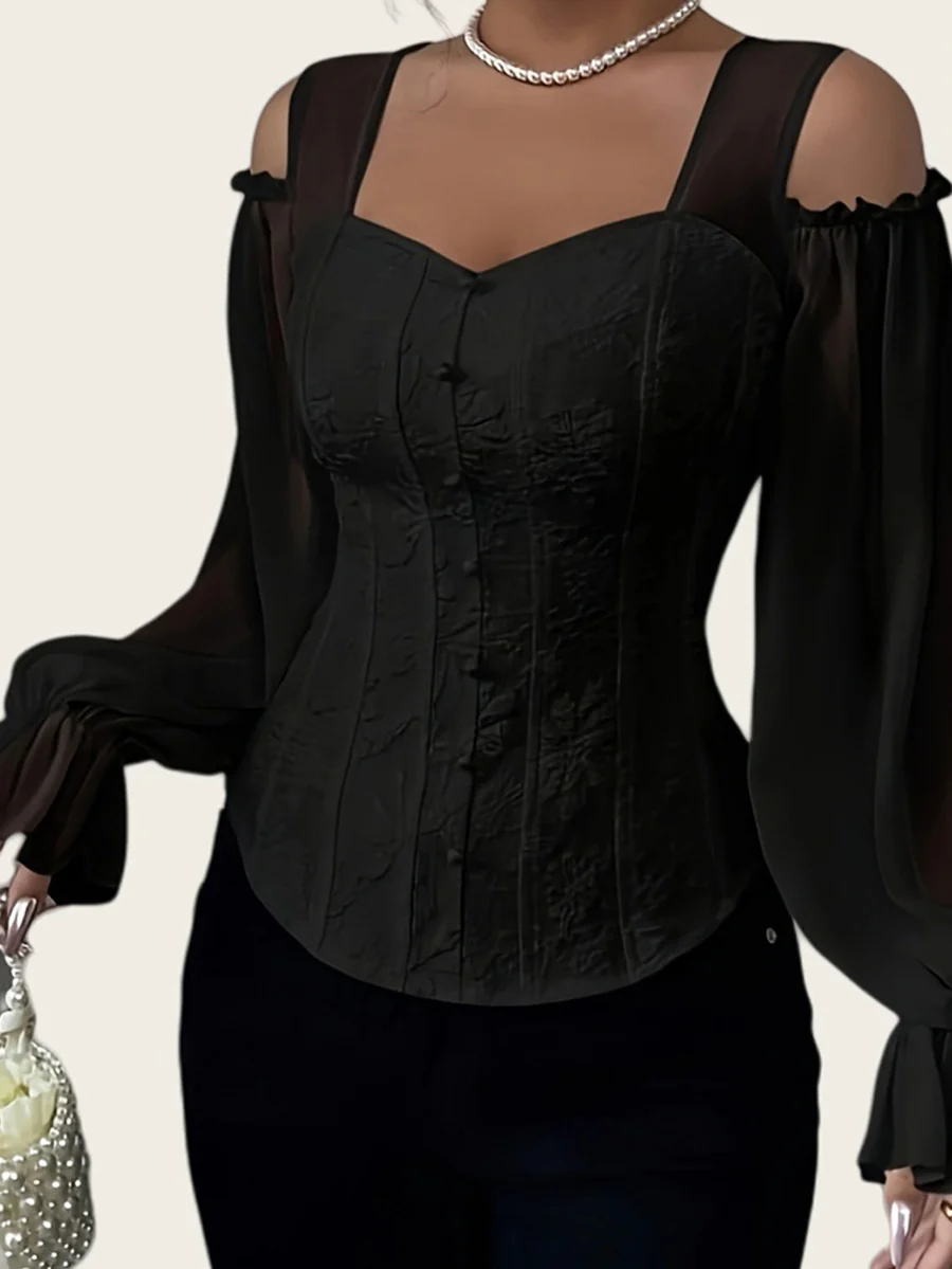 Flared Sleeves Long Sleeves Elasticity Hollow Jacquard Solid Color Split-Joint Cold Shoulder Blouses&Shirts Tops - Image 8
